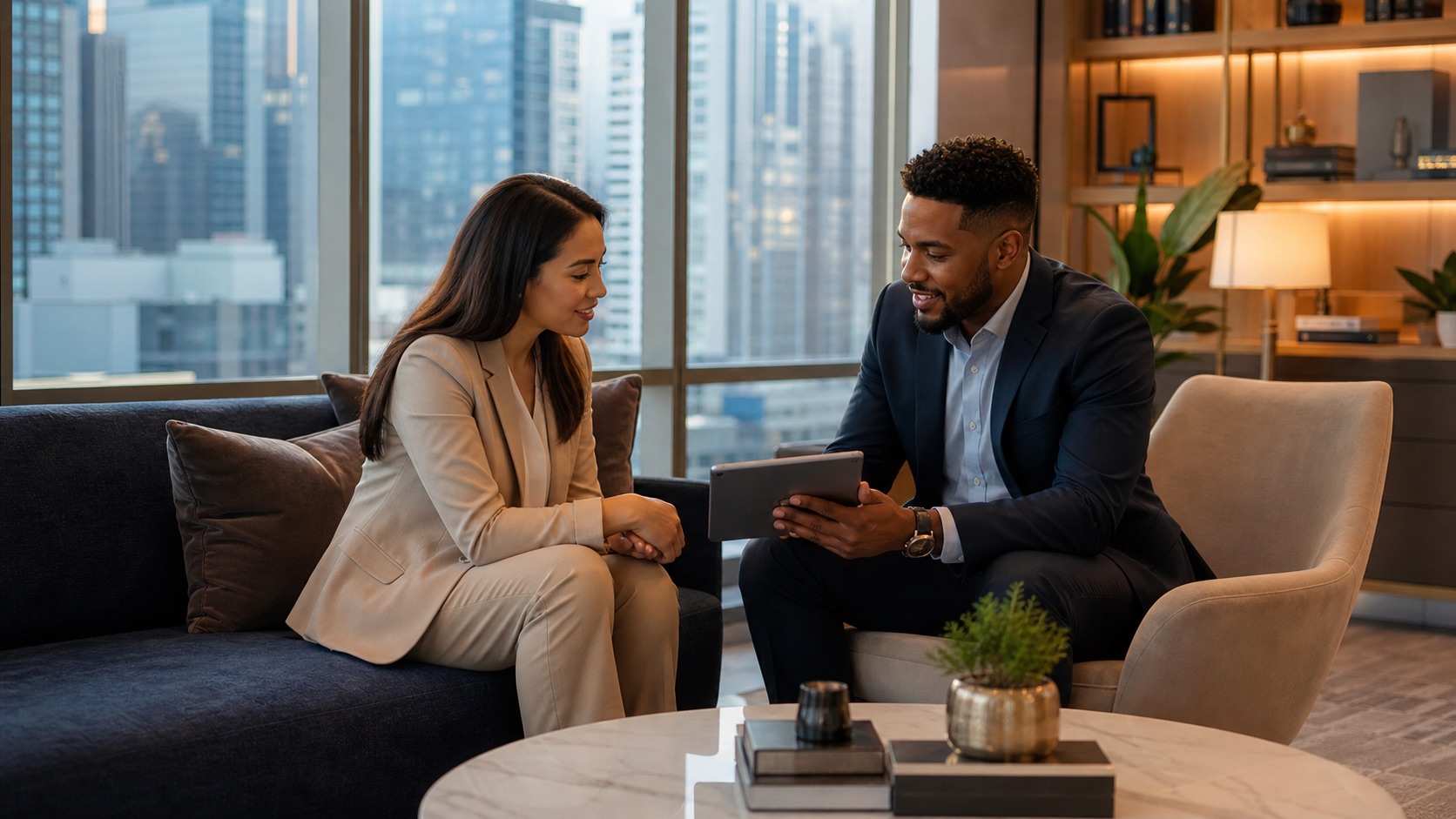 Candidate reviewing career goals with a recruiter in a New York City interview lounge